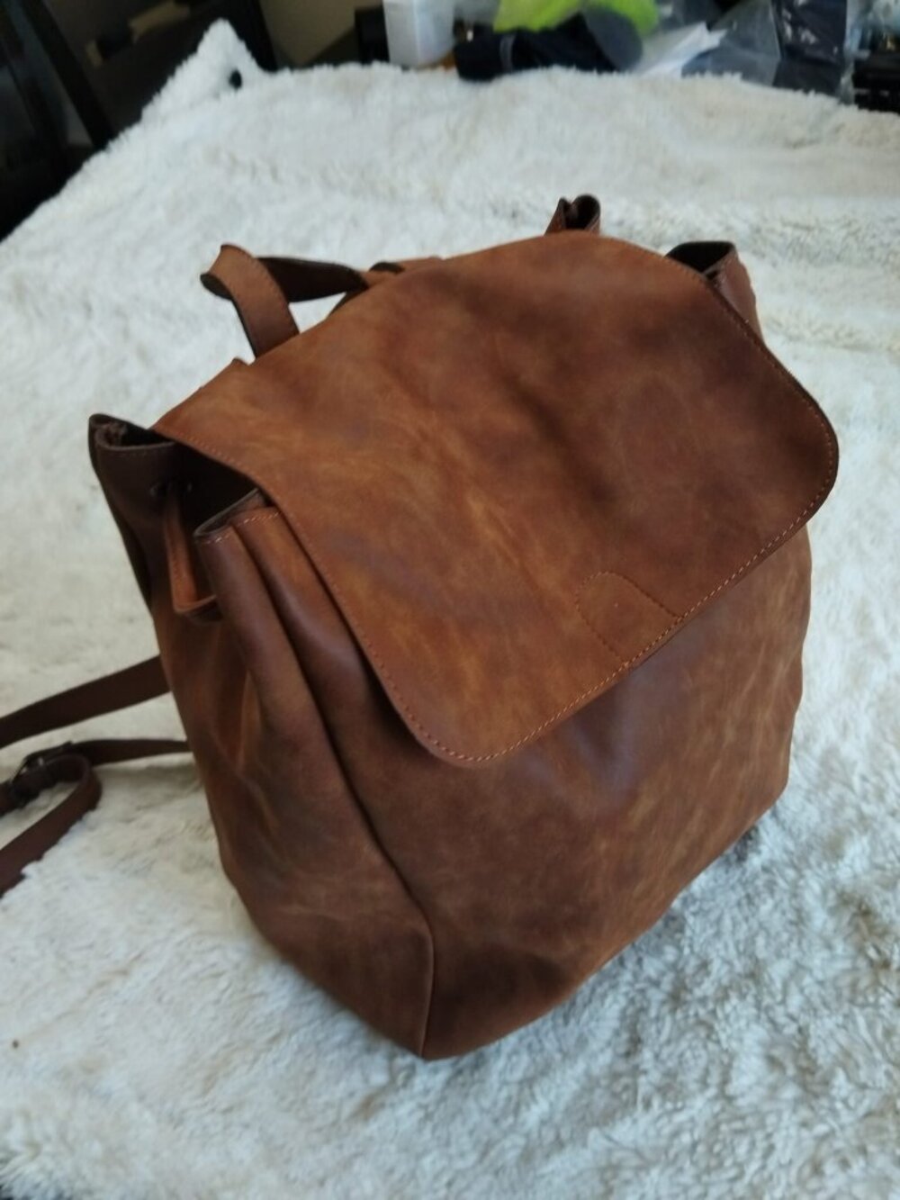 Brown Faux Suede Backpack Purse Womens Drawstring Bucket Bag Boho School Travel